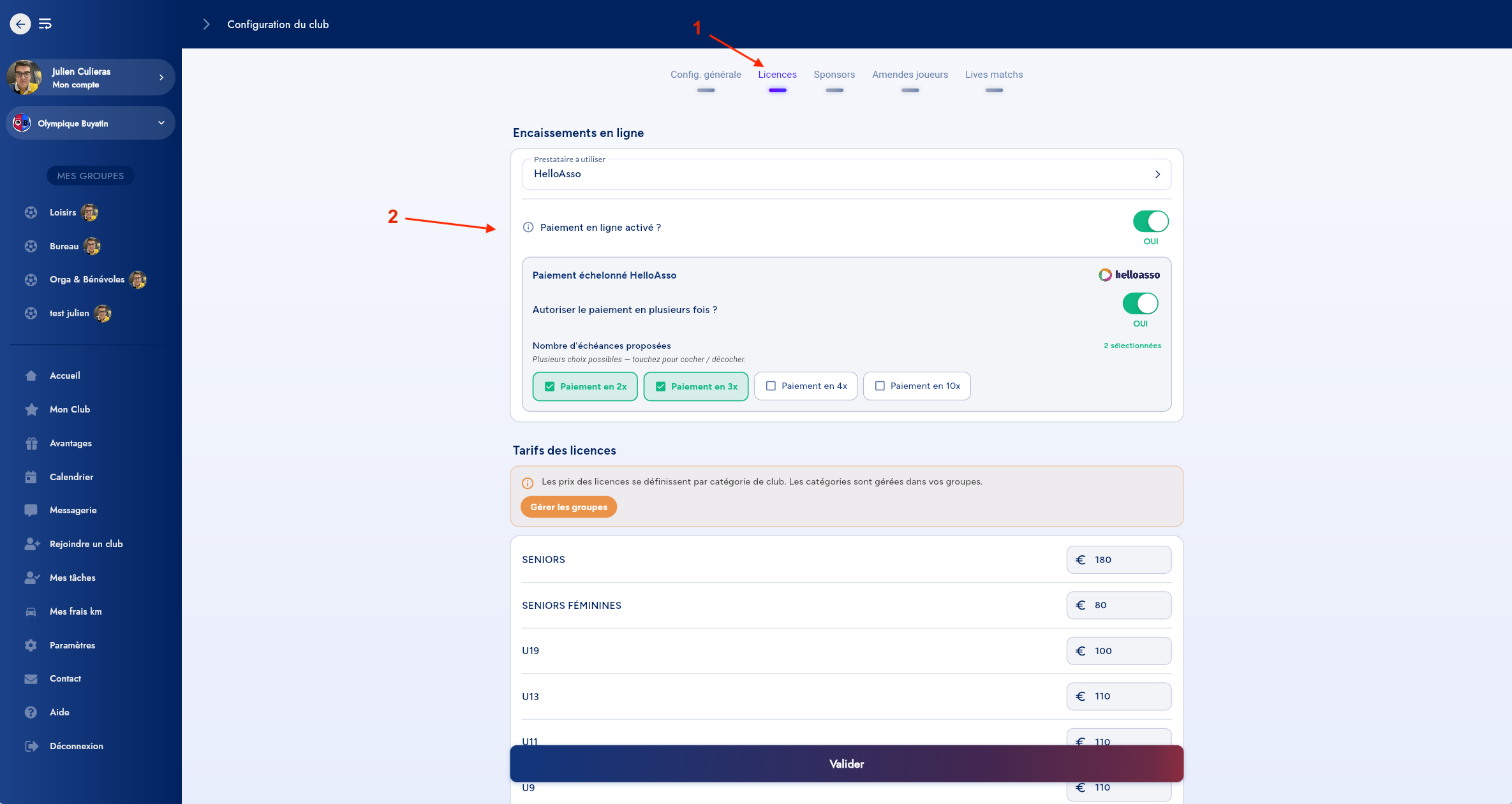 Onglet Licences avec paiement en ligne HelloAsso
